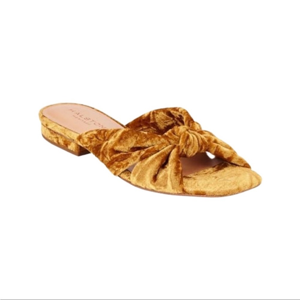 Halston Heritage Gold Velvet Flats with Elegant Knotted Design NWT size 6 Womens